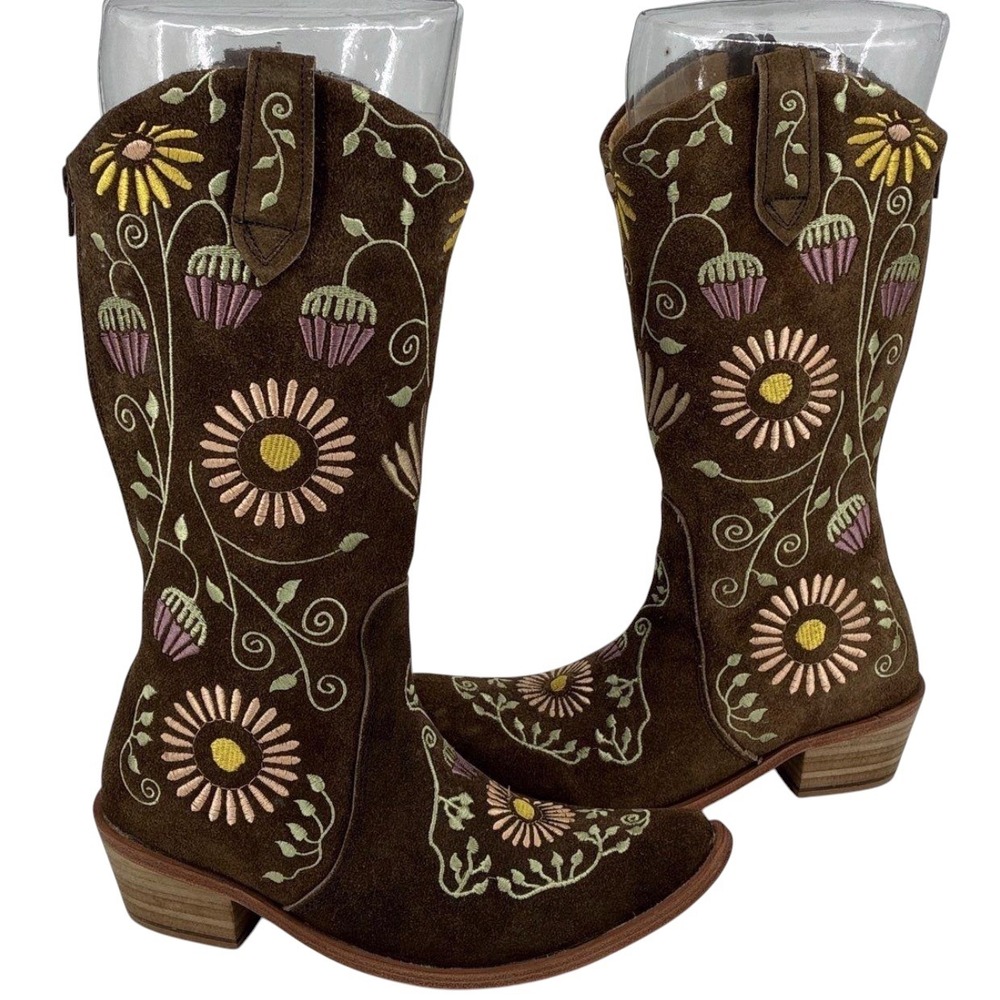 Agave Sky Holly Brown Suede Floral Embroidered Cowboy Boots Womens 6 Vaquera